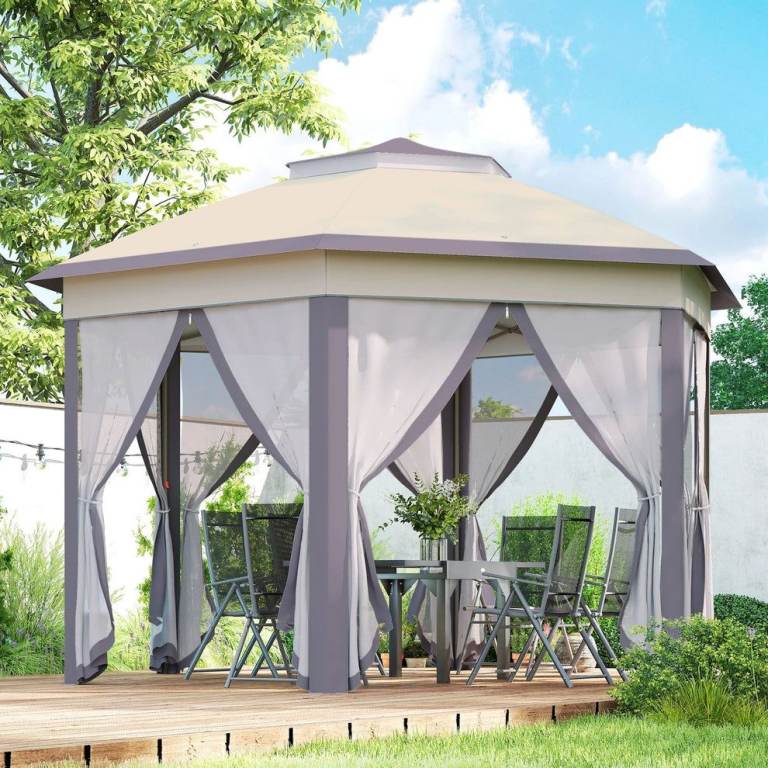 New Outsunny 3x4m Hexagon Gazebo – Beige Mesh Sides for Garden