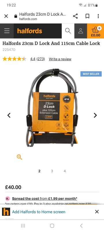 Halfords 23cm D lock plus 120 extension cable brand new in packaging