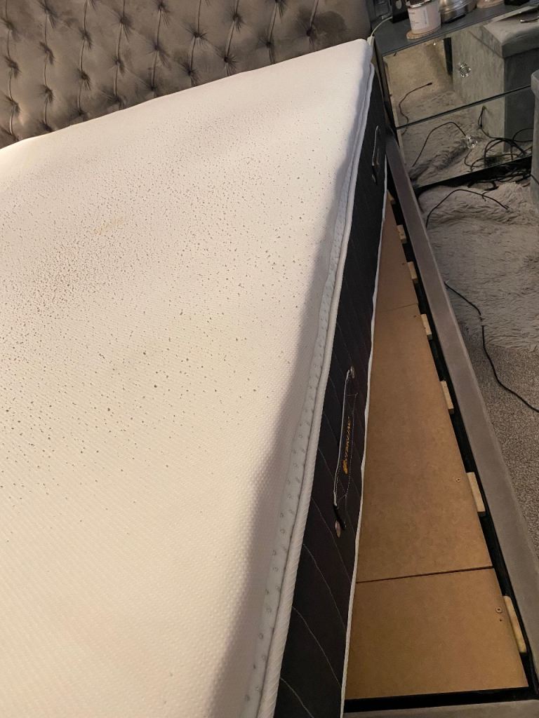 King size bed frame, mattress and bed protector. 