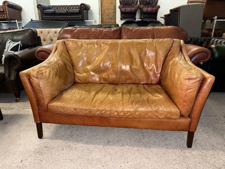 Halo reggio tan real leather two seater sofa