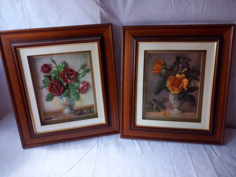 Two Framed 3D Rose Pictures - Red & Orange Flowers, Excellent Condition
