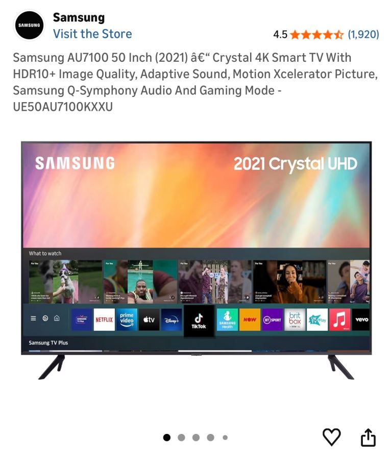 Samsung AU7100 50” Crystal UHD 4K Smart TV