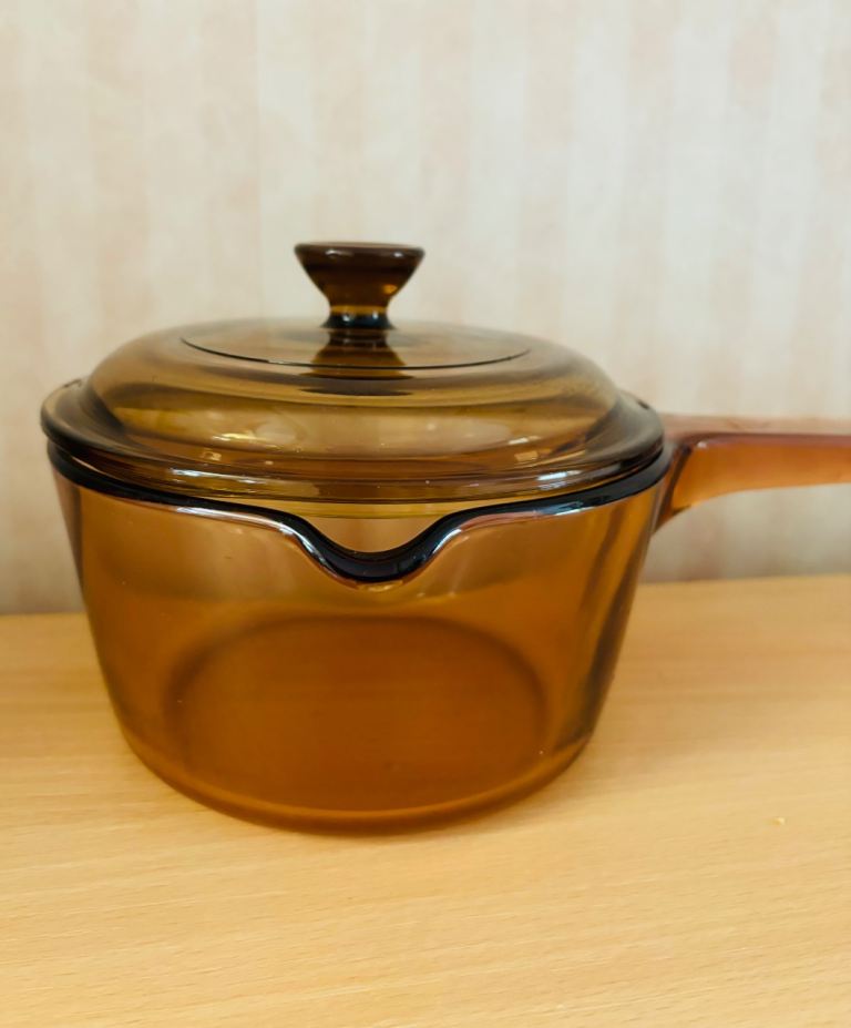 Vintage Corning Visions 1L Amber Glass Saucepan with Lid & Spout (16cm)