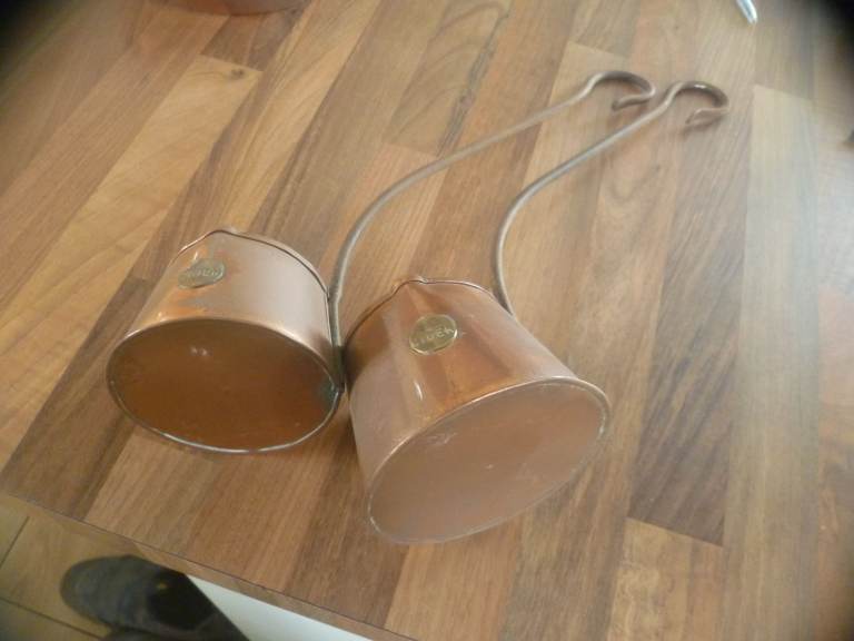 Pair of Vintage Copper    cider  Measuring Jugs with  looped Handles man cave 