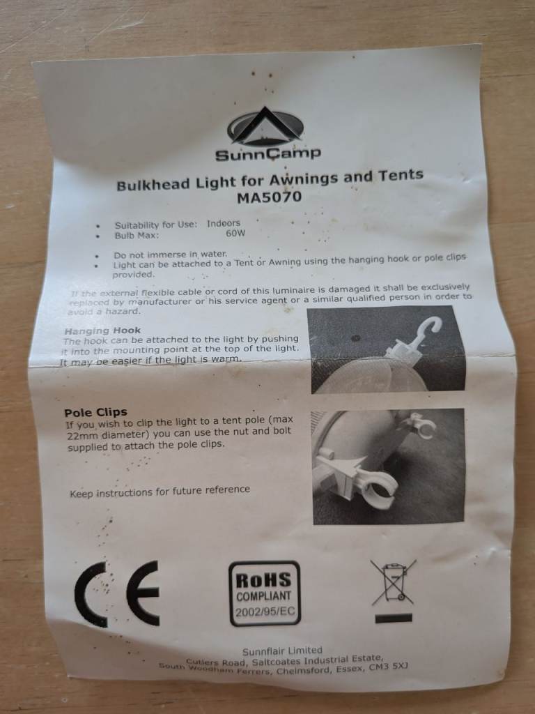 SunnCamp Bulk Head Light for Awnings and Tents - 60W Bulb