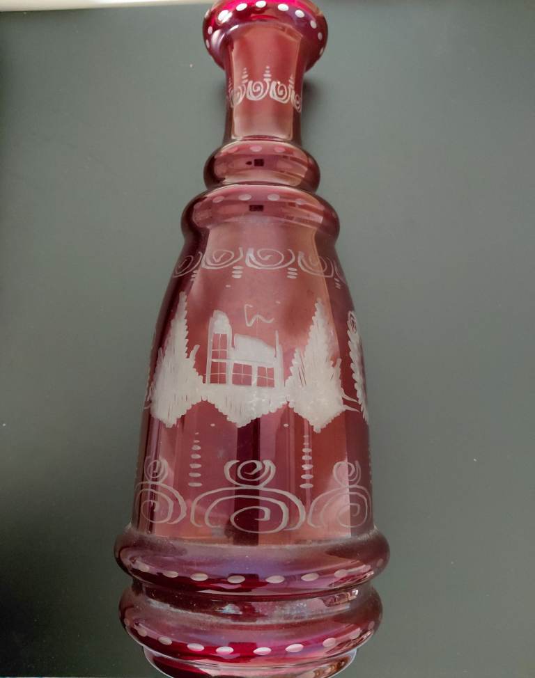 Vintage Red BOHEMIAN CRYSTAL Decanter and 2 glasses