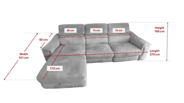 Sofology 3-seater grey fabric sofa, chair with power recliner, storage