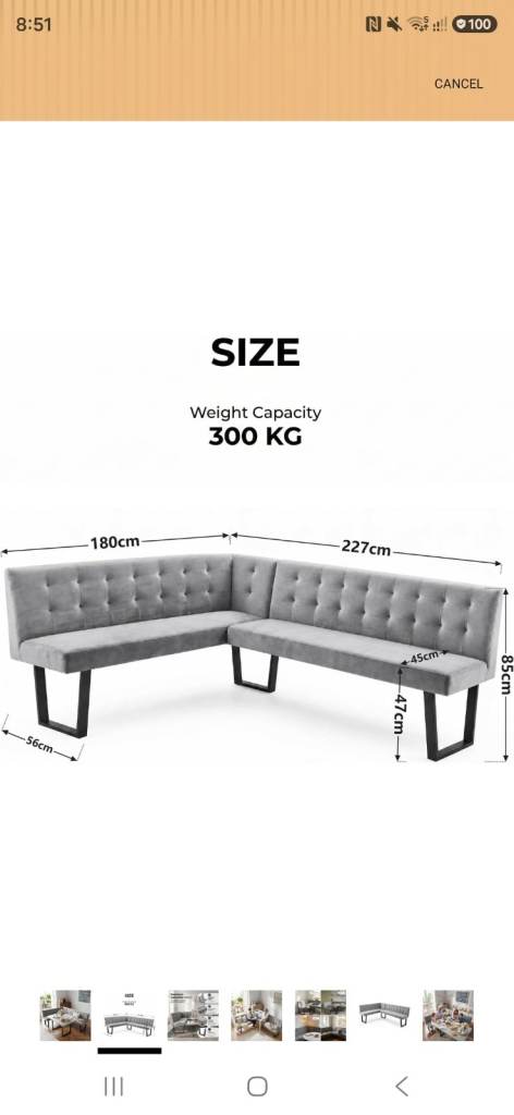 Modern Grey Corner Bench Seating with Metal Legs – Brand New