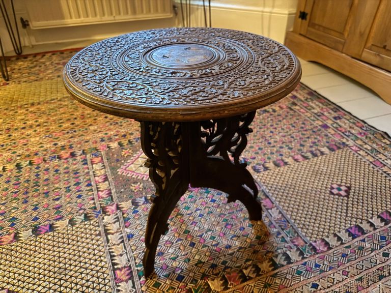 Intricate Indian Wood Salon Table, Collapsible