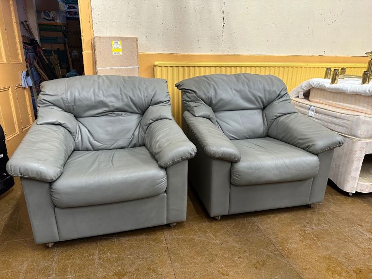 Pair of Large Grey Leather Very Comfy Armchairs