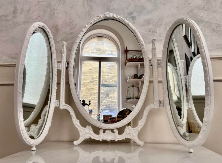 Vintage White Metal Rococo Oval 3 Way Folding Dressing Table Mirror 55cm Height