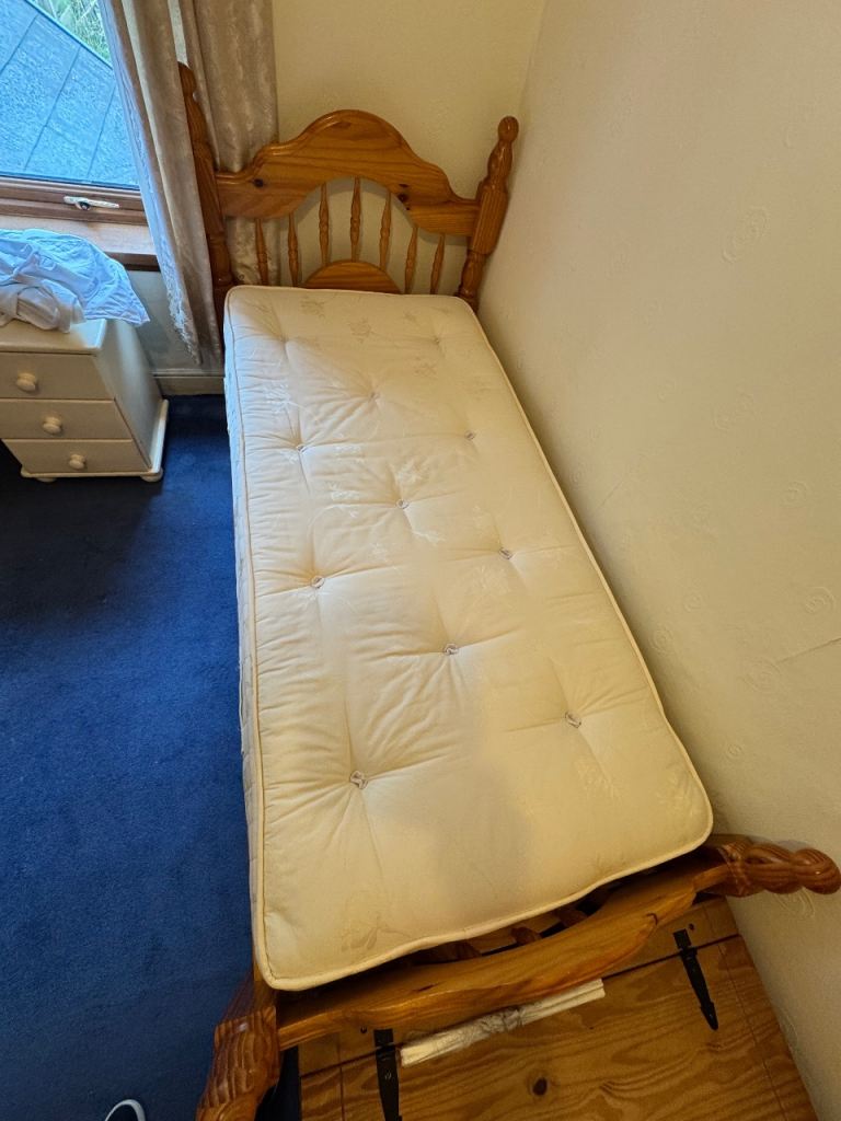 Pine single bed and mattress 