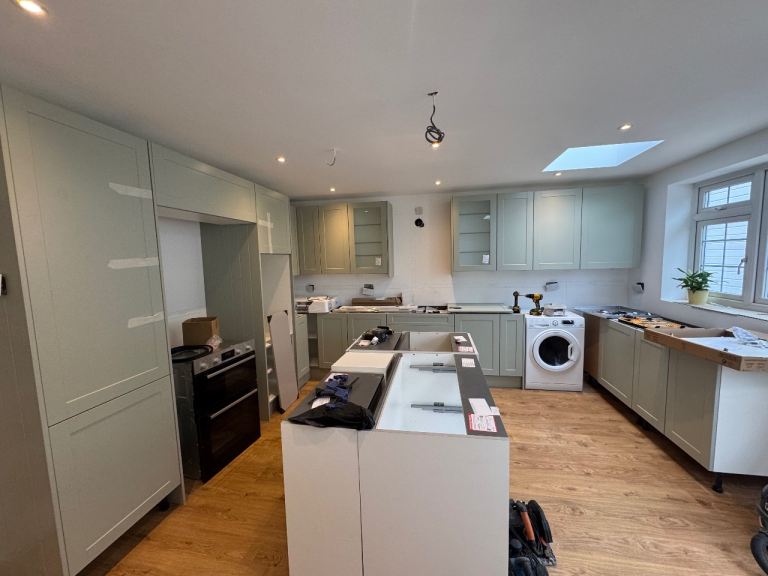 New Sage Green Kitchen Units and Island – Unused