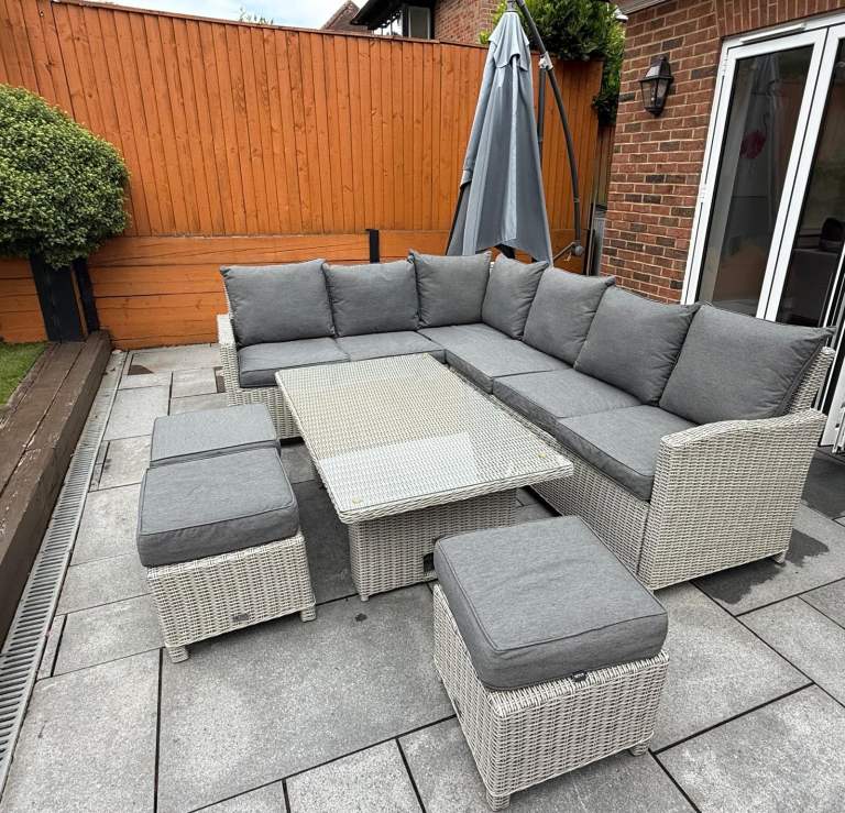 Nova Outdoor Ciara Left Hand Rattan Corner Sofa Dining Set with Rising Table White Wash