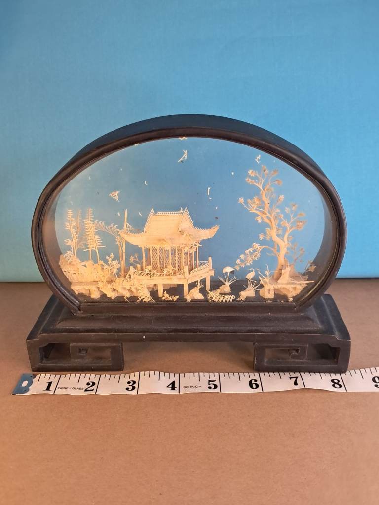 Antique Chinese Handcrafted Fujan Cork  art Carving Diorama In brown Box.Hand Carved Pagoda Trees