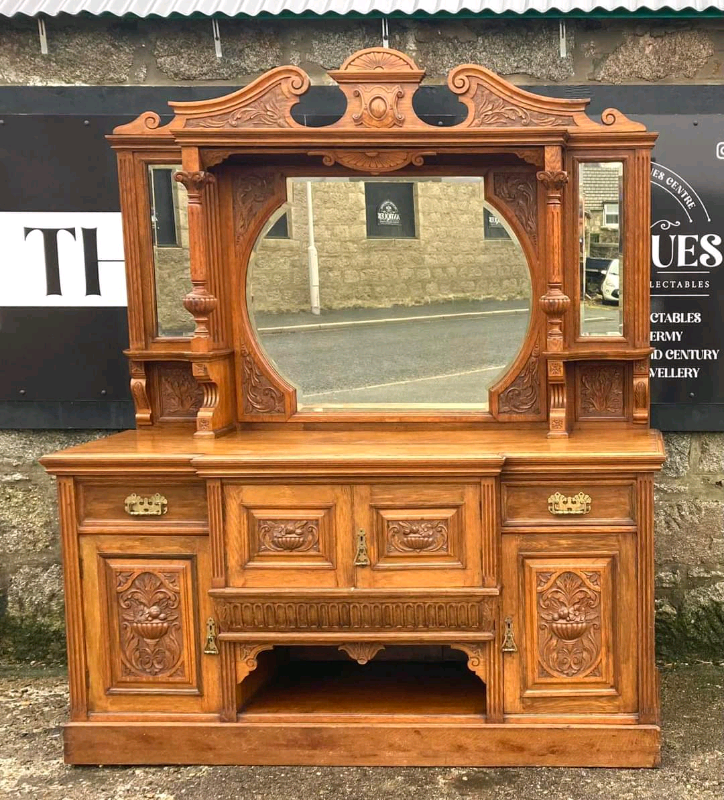 Oak Sideboard Large Breakfront Victorian Dresser With Mirrored Top