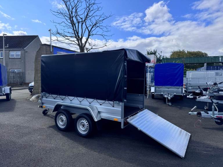BRAND NEW 8,7ft x 4,2ft TWIN AXLE TRAILER WITH 150CM FRAME COVER AND RAMP 750KG