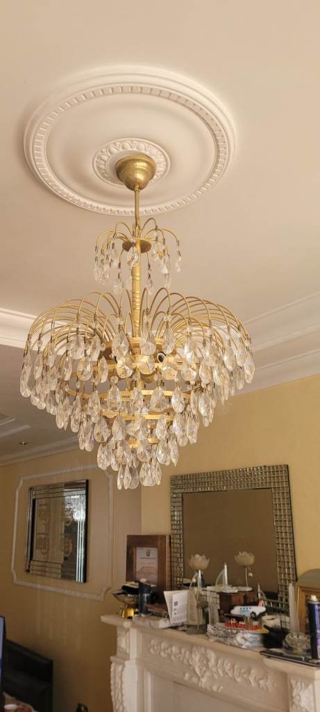 Gold Chandelier with Crystal Droplets – Good Condition