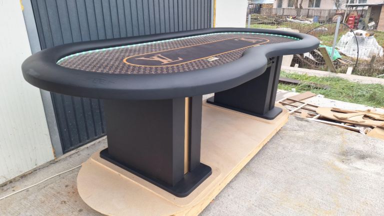 LV poker table with led band and drop box in black leather dealer entrance