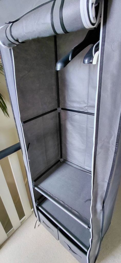 Grey Fabric Wardrobe with Shelves and Hanging Rail – As Good As New
