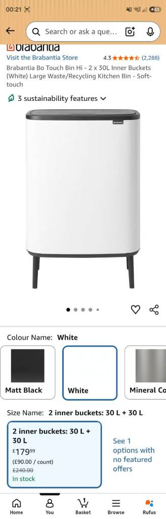 Brabantia Bo Touch Bin Hi 30L x 2