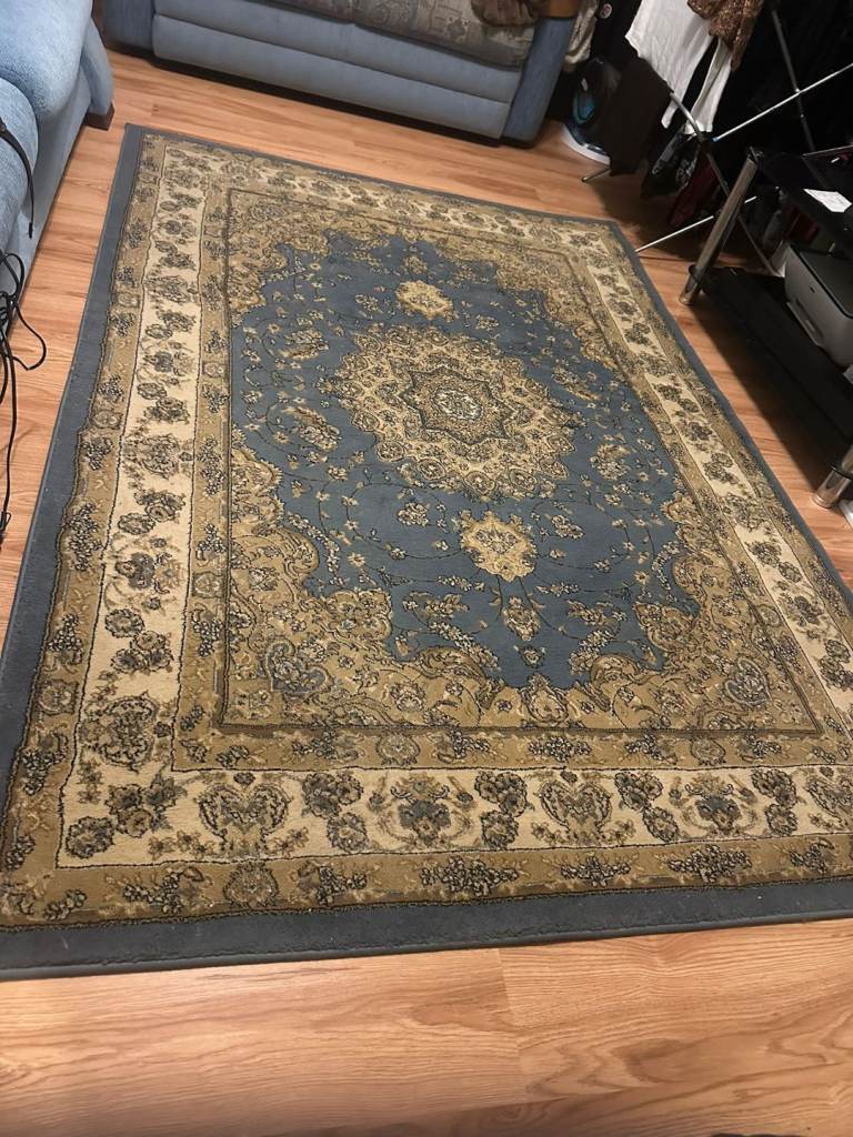 Traditional Blue & Gold Patterned Rug – 160x230cm – Good Used Condition