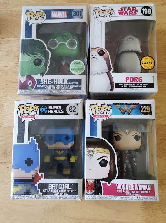 image for 4 (£15) Pop Figures- Batgirl, She-Hulk, Porg and Wonder Woman New 