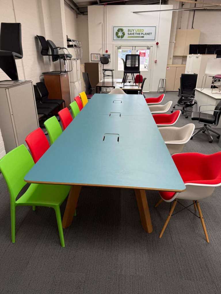 12-14 Person Boardroom Table – Oak & Turquoise Conference Table