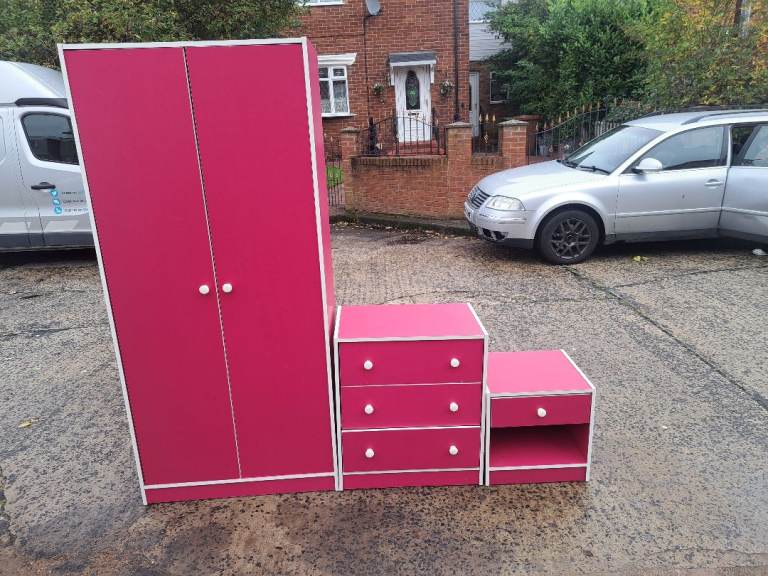 pink bedroom furniture 2 door wardrobe ,3 drawer chest of drawers