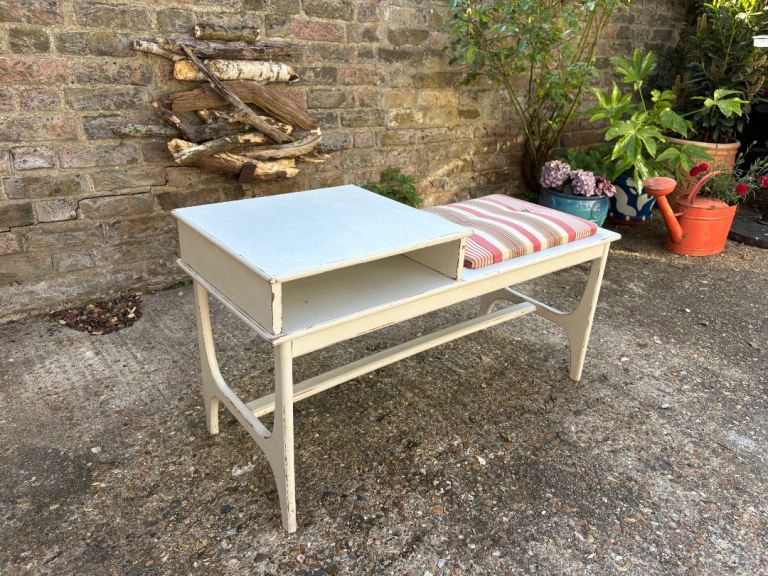 Mid Century White Telephone table / Coffee Table With Red / White Cushioned Seat