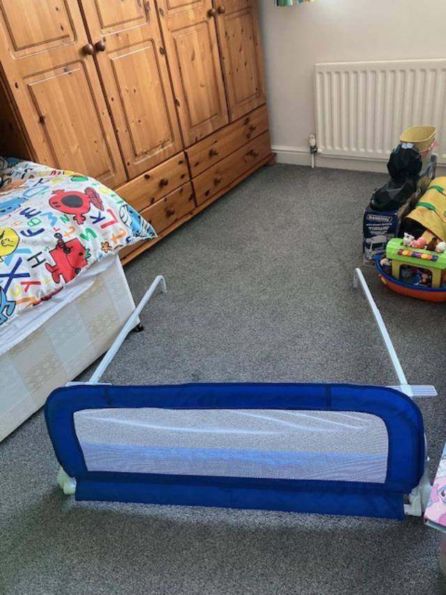 Toddler Bed Safety Rail – Blue Fabric & White Mesh, Like New