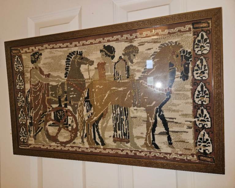 TRIO3 The Charioteers Carriage Horses Chariot  Tapestry Wood Framed 70s Wall Art