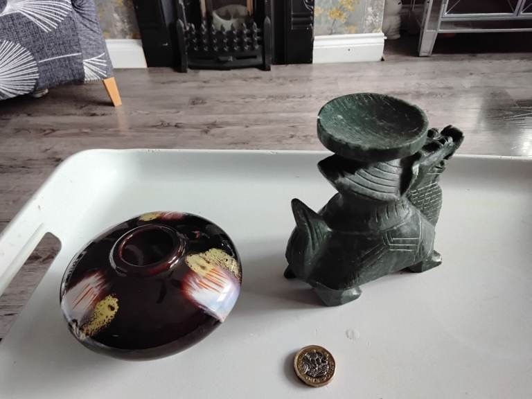 Old stone dragon tea light stand & free west Germany pot