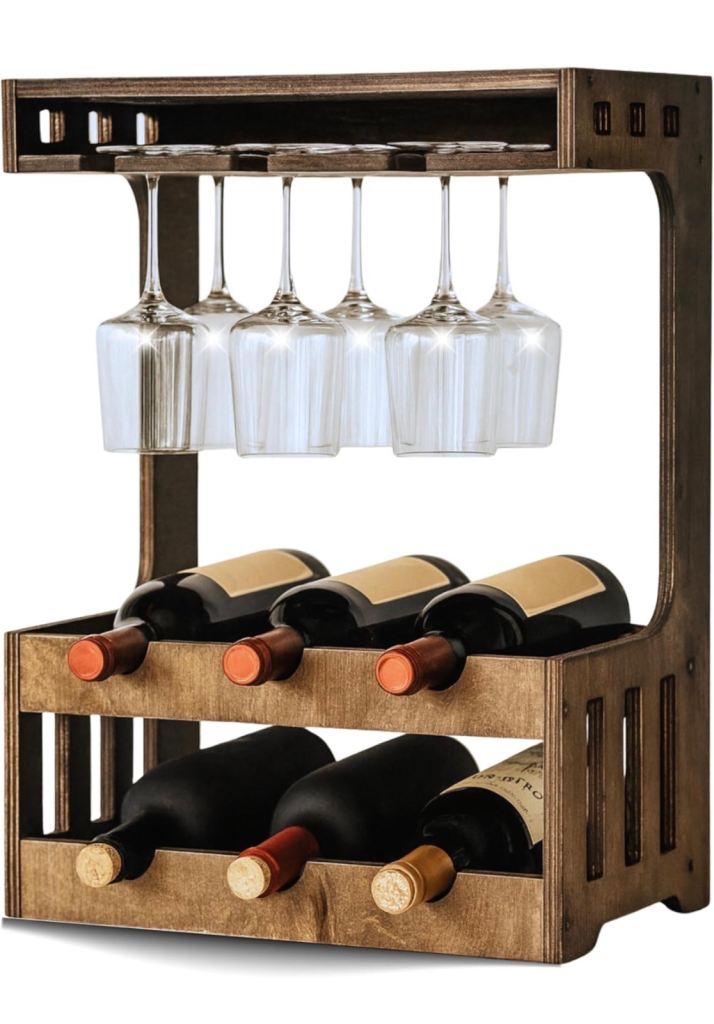 [New] Rustic Wooden Wine Rack – Wall Mounted or Free Standing Wine Storage for 6 Bottles & 6 Glasses