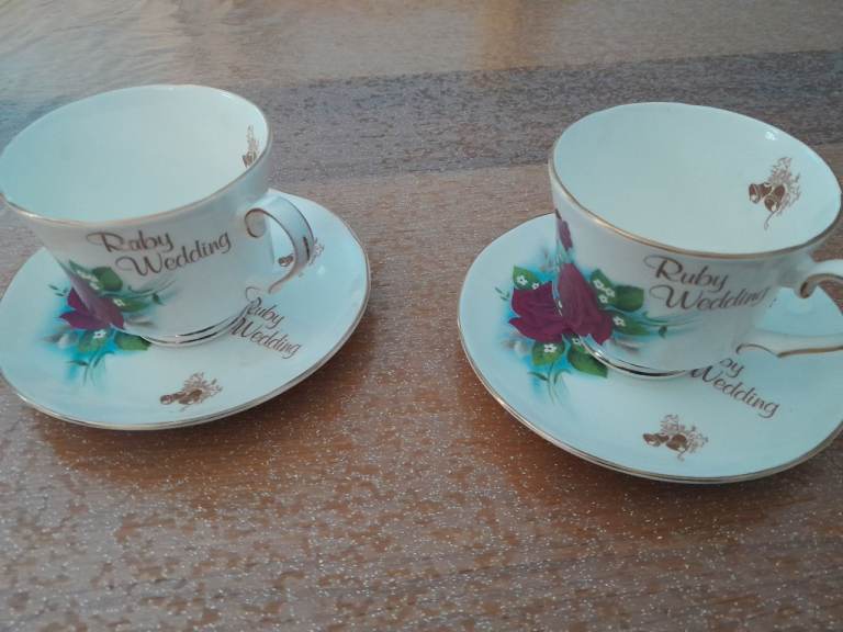 Pair of Ruby Wedding Anniversary Tea Cups & Saucers