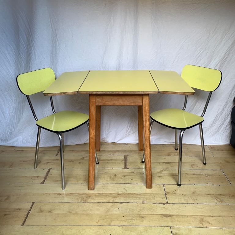Vintage mid century Formica 1960s Yellow Drop Leaf Kitchen Table with Two Matching Chairs