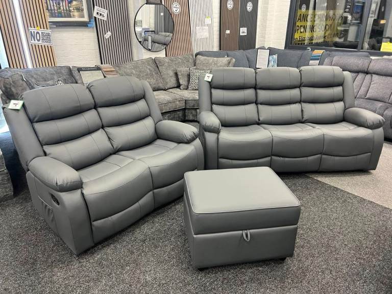 Roma Leather Recliner Corner Sofa - Integrated Cup Holders - Black or Grey - Free Delivery