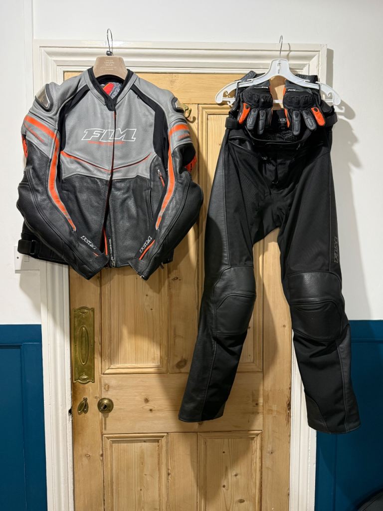 FLM Two Piece Motorbike Leathers and Gloves