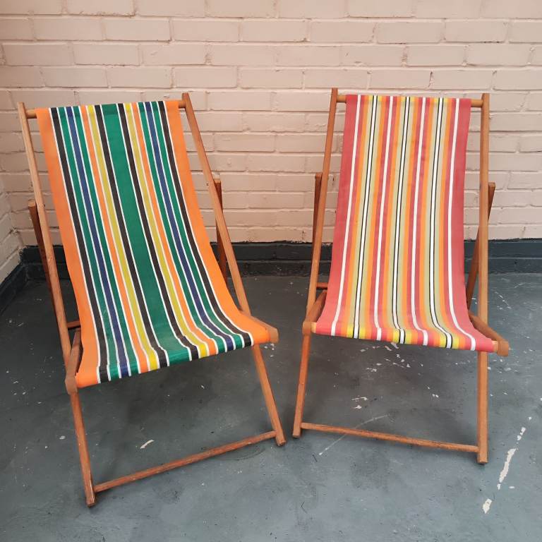 image for 🌞 Pair of Vintage Mid-Century Deckchairs — Striped Canvas 🌞
