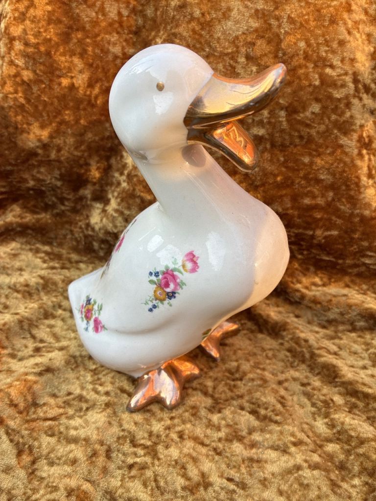 Charming Ceramic Duck Figurine – Floral Detail, Good Condition