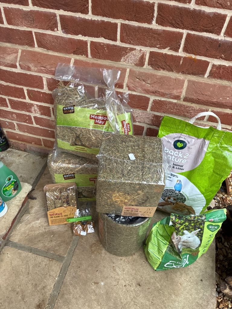 Pet rabbit hay, sawdust, food, litter pellets etc