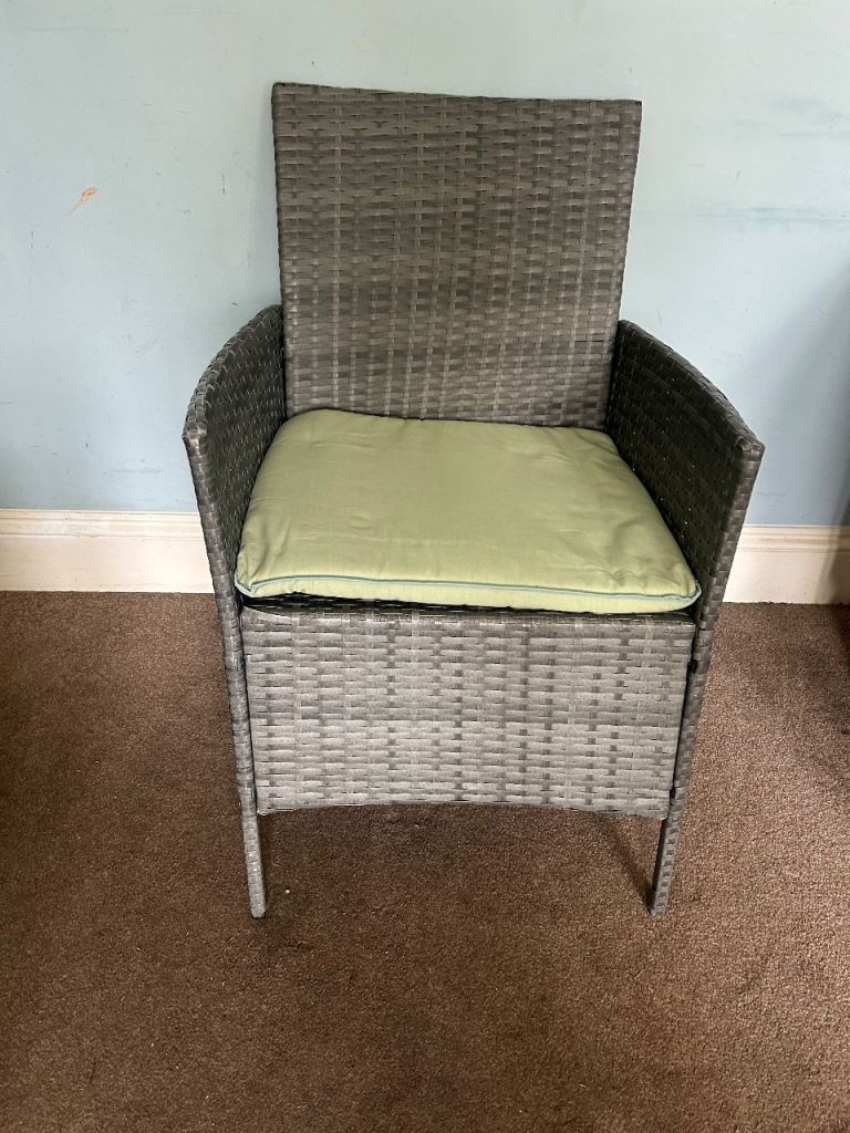 1 Grey Rattan Garden Chair with Cushion  H33in/84cm H Seat 16.5in/42cm W23in/58cm D19in/48cm  J114