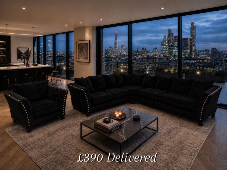 DELIVERY AVAILABLE - Large Black Verona Corner Sofa with Cuddle Chair 
