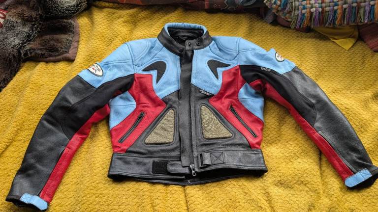 Multicoloured motorbike jacket reinforced leather 