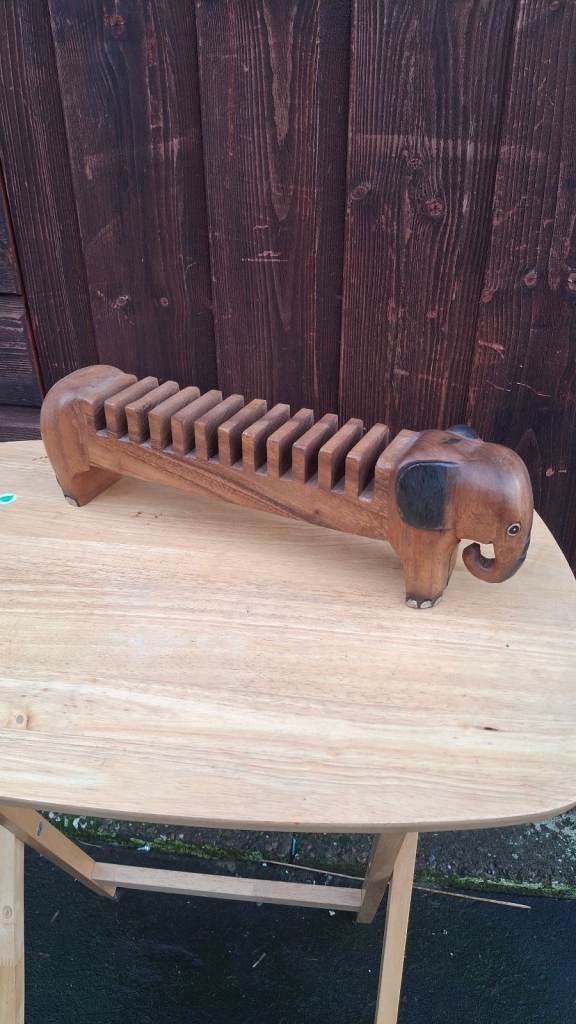 Vintage Elephant Wooden Carved Wood African Animal Table Decor Cd rack