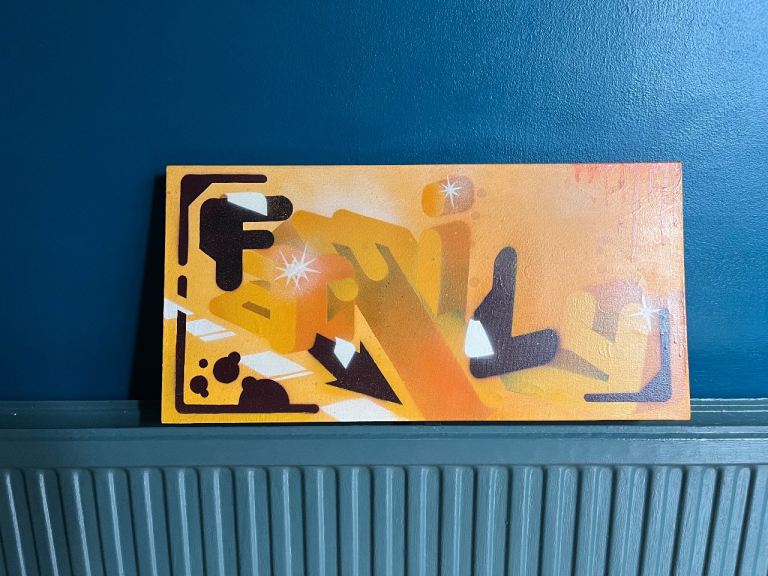 Original Graffiti Art on Canvas – Orange, Black & White, 60x30cm