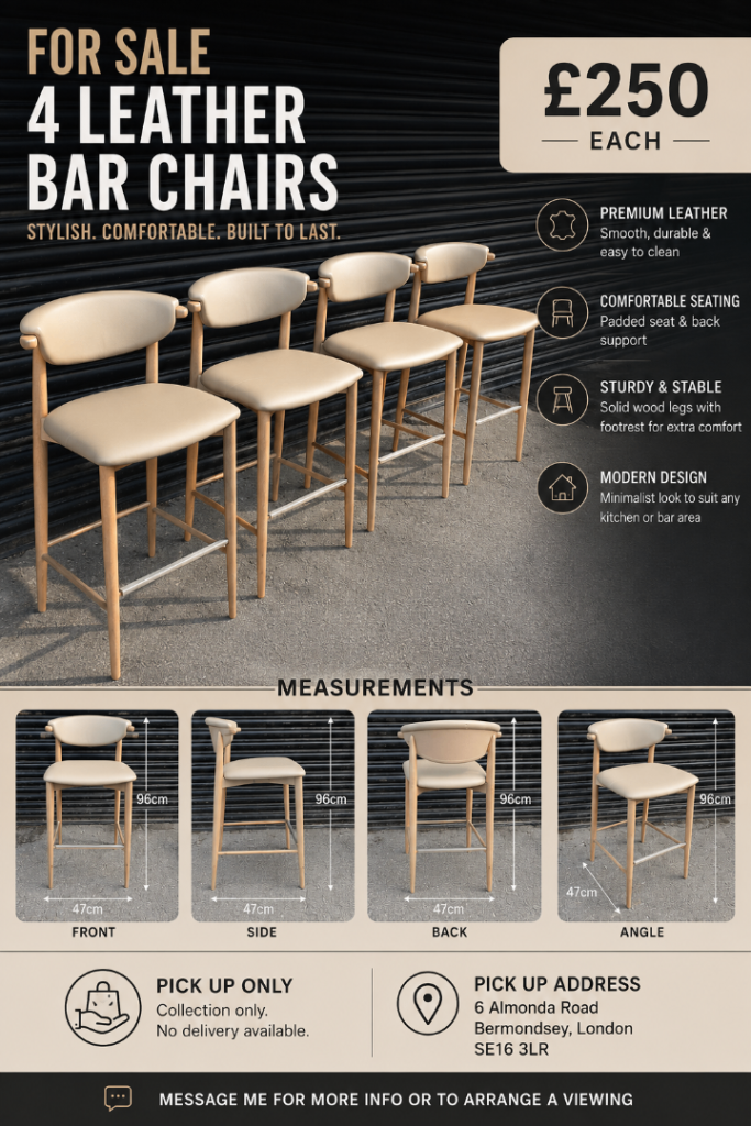 4 Leather Bar Chairs - Beige, Solid Wood Frame