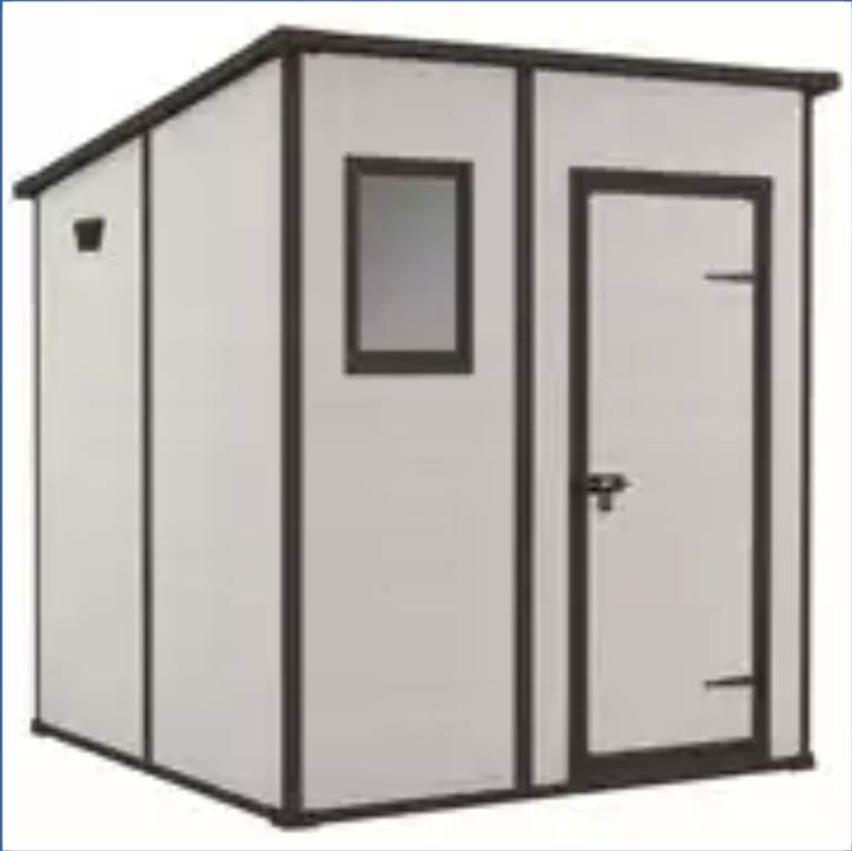 A new still boxed flat packed keter pent 6x6 shed in beige and brown  it  stores garden .