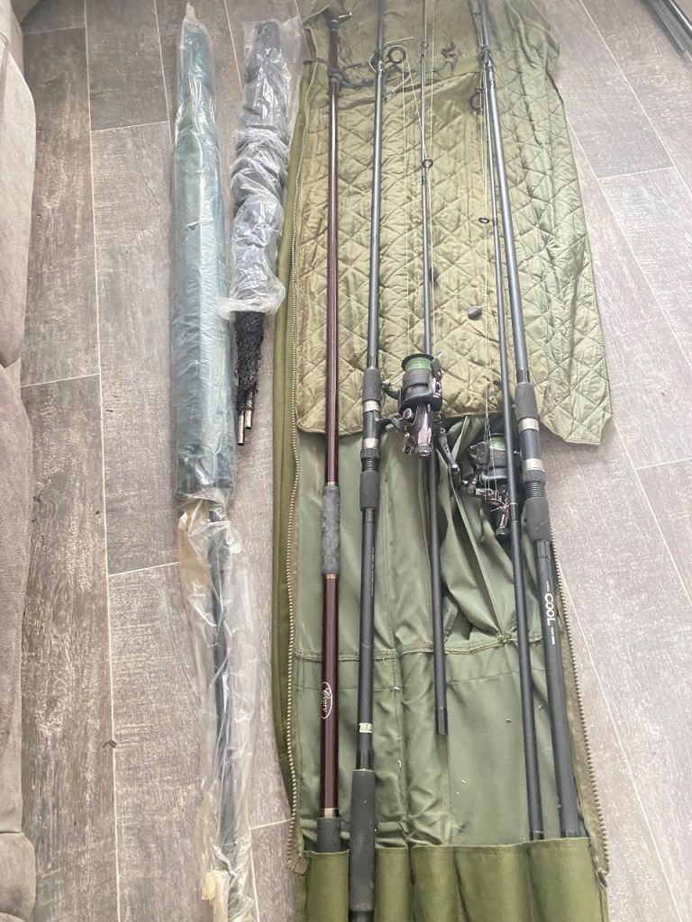Fishing Rods, Reels, and Umbrella with Carry Case – Good Condition