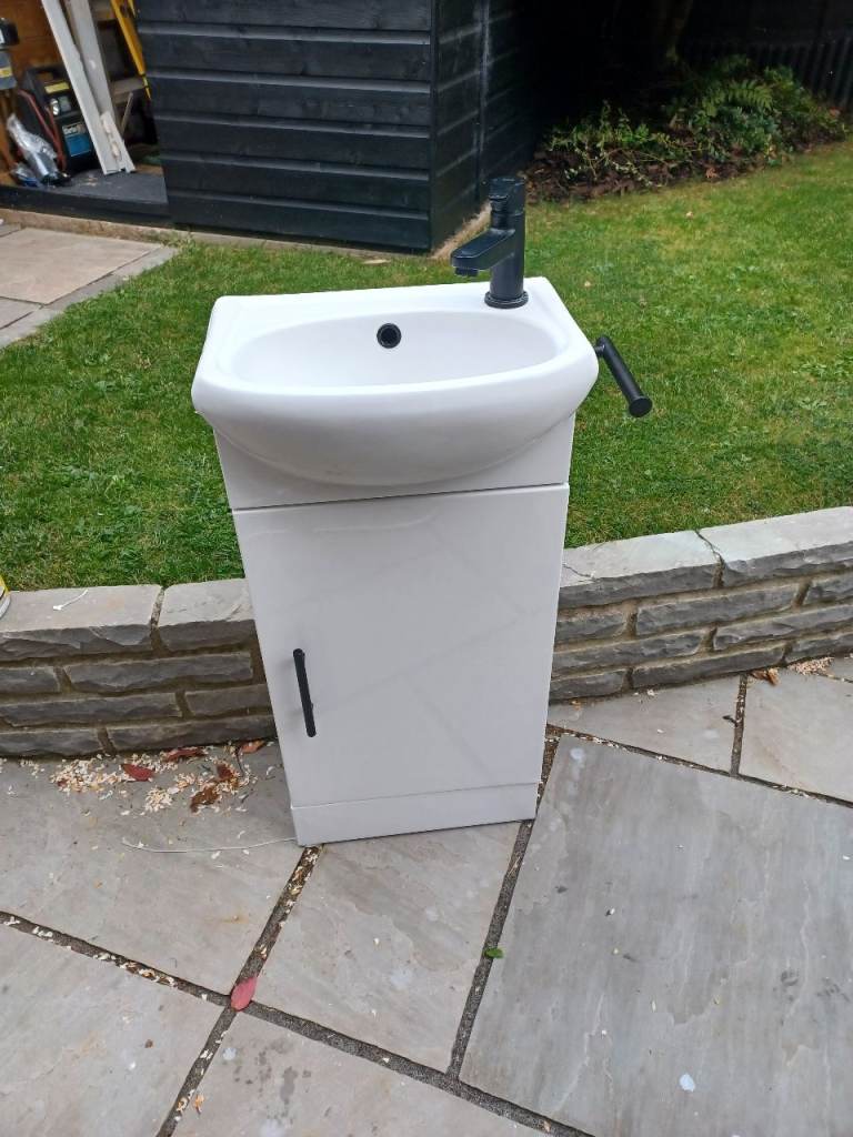 White Bathroom Basin with Cabinet & Black Tap - Good Condition